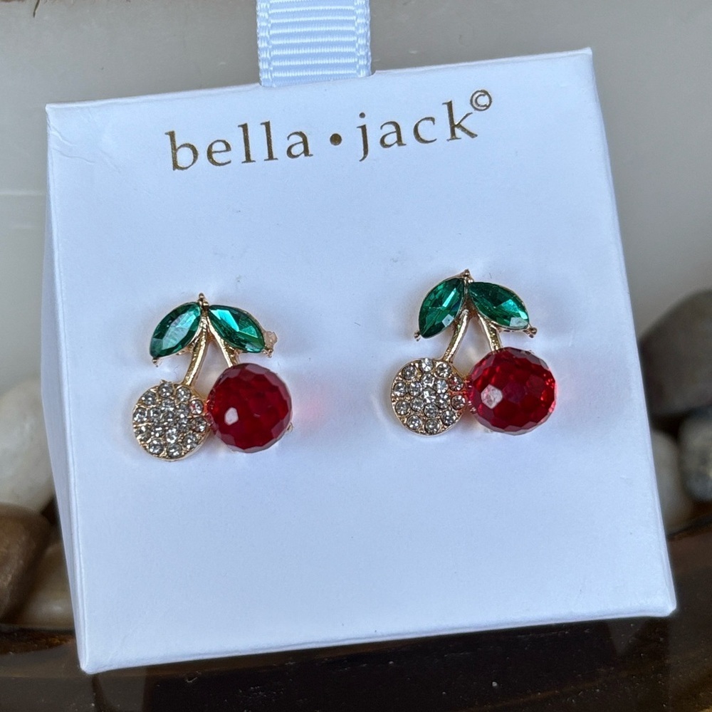 Brand New Bella Jack Red Cherries Crystal Rhinestone Post Earrings Studs Pierced - Picture 3 of 12